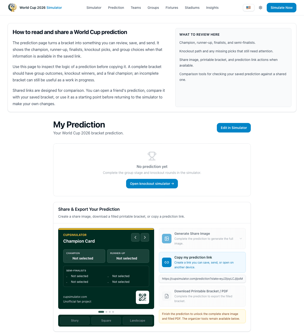 Prediction workflow in the World Cup 2026 simulator, including save, load, and shared-link actions.