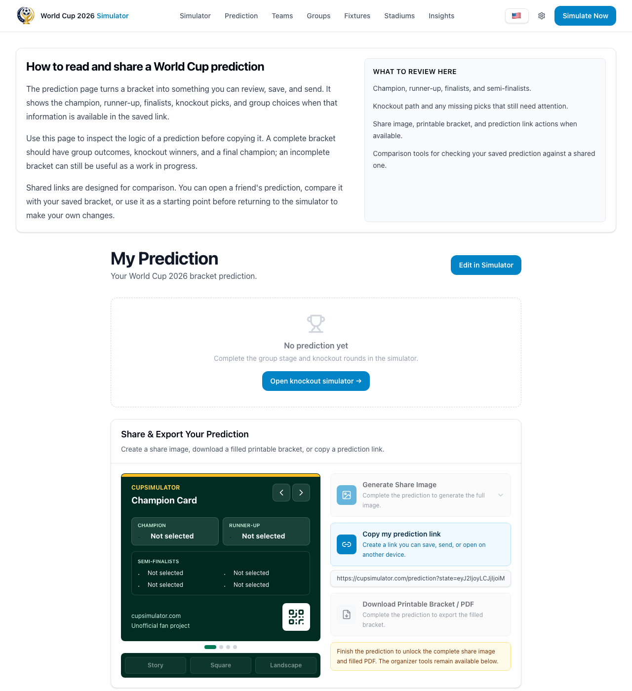 Prediction workflow in the World Cup 2026 simulator, including save, load, and shared-link actions.